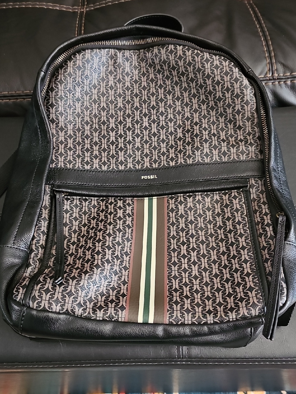 Fossil Black Monogram Backpack with Green and Tan Stripe